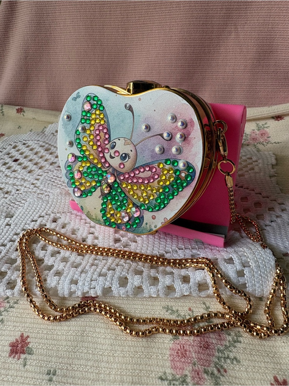 Heart-Shaped Pink Butterfly Embellished Mini Crossbody Bag